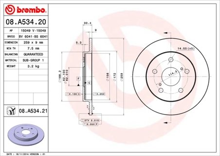 DISC FRANA BREMBO 08.A534.21 - Compatibil cu BYD, TOYOTA, TOYOTA (FAW), TOYOTA (GAC)