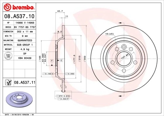 DISC FRANA BREMBO 08.A537.11 - Compatibil cu VOLVO, VOLVO (CHANGAN), VOLVO ASIA