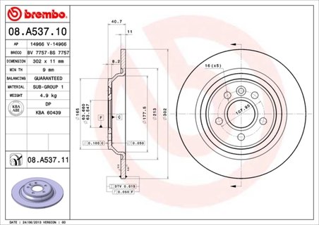 DISC FRANA BREMBO 08.A537.11 - Compatibil cu VOLVO, VOLVO (CHANGAN), VOLVO ASIA