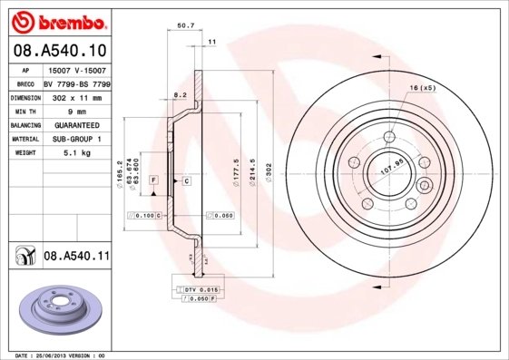 DISC FRANA BREMBO 08.A540.11 - Compatibil cu FORD, FORD (CHANGAN), LAND ROVER, LAND ROVER (CHERY)