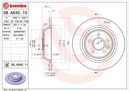 DISC FRANA BREMBO 08.A540.11 - Compatibil cu FORD, FORD (CHANGAN), LAND ROVER, LAND ROVER (CHERY)