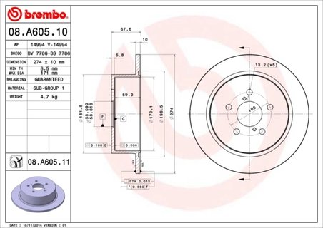DISC FRANA BREMBO 08.A605.11 - Compatibil cu SUBARU