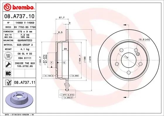 DISC FRANA BREMBO 08.A737.11 - Compatibil cu MERCEDES-BENZ, MERCEDES-BENZ (BBDC)