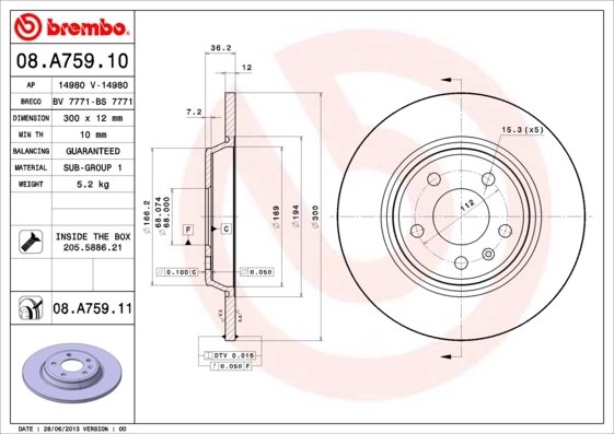 DISC FRANA BREMBO 08.A759.11 - Compatibil cu AUDI, AUDI (FAW), VW (SVW)