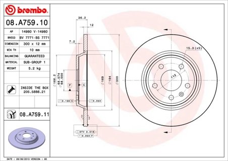 DISC FRANA BREMBO 08.A759.11 - Compatibil cu AUDI, AUDI (FAW), VW (SVW)