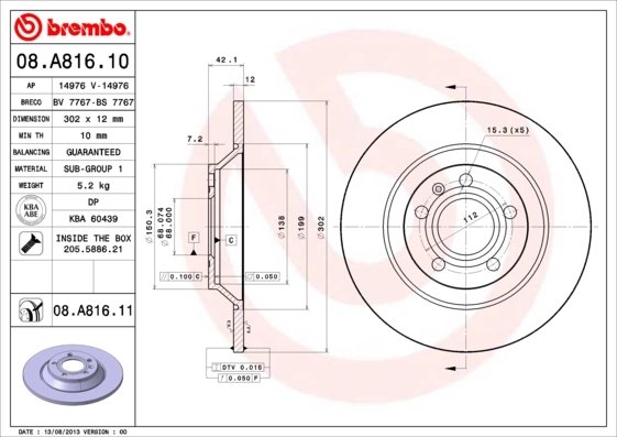 DISC FRANA BREMBO 08.A816.11 - Compatibil cu AUDI