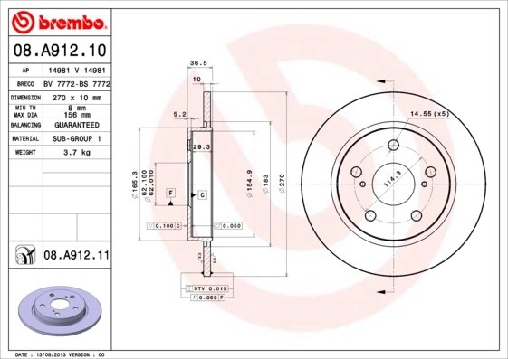 DISC FRANA BREMBO 08.A912.11 - Compatibil cu TOYOTA