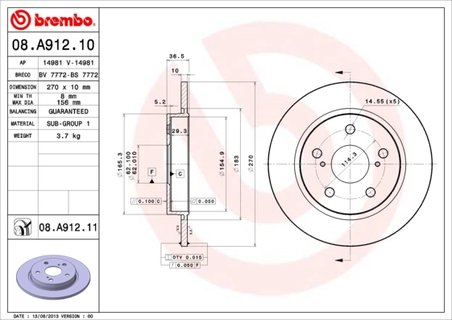 DISC FRANA BREMBO 08.A912.11 - Compatibil cu TOYOTA