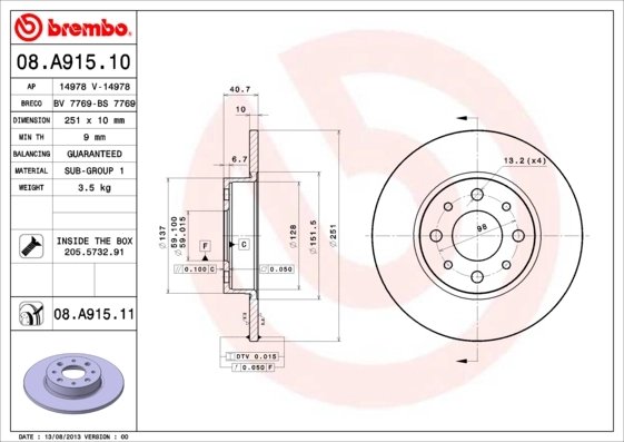 DISC FRANA BREMBO 08.A915.11 - Compatibil cu ALFA ROMEO