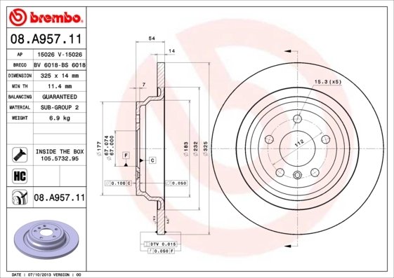DISC FRANA BREMBO 08.A957.11 - Compatibil cu BRABUS, MERCEDES-BENZ