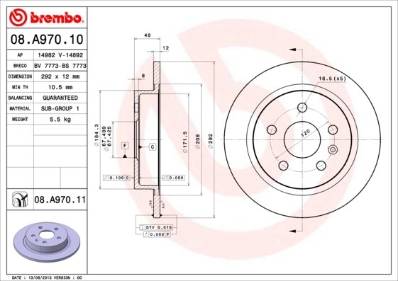 DISC FRANA BREMBO 08.A970.11 - Compatibil cu BUICK (SGM), CHEVROLET, CHEVROLET (SGM), OPEL, SAAB, VAUXHALL