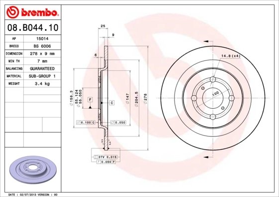 DISC FRANA BREMBO 08.B044.10 - Compatibil cu DAIHATSU, TOYOTA