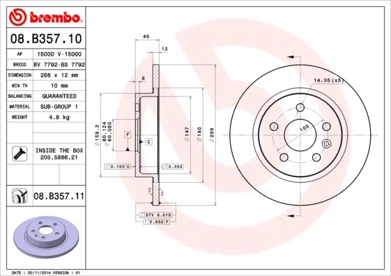 DISC FRANA BREMBO 08.B357.11 - Compatibil cu BUICK (SGM), CHEVROLET, CHEVROLET (SGM), OPEL, VAUXHALL