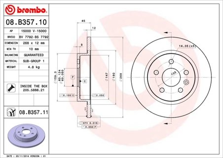 DISC FRANA BREMBO 08.B357.11 - Compatibil cu BUICK (SGM), CHEVROLET, CHEVROLET (SGM), OPEL, VAUXHALL