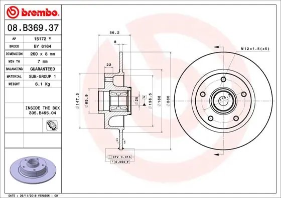 DISC FRANA BREMBO 08.B369.37 - Compatibil cu RENAULT
