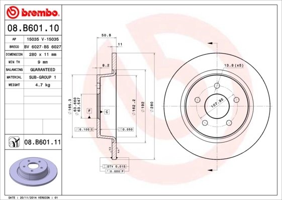 DISC FRANA BREMBO 08.B601.11 - Compatibil cu FORD, FORD (CHANGAN)
