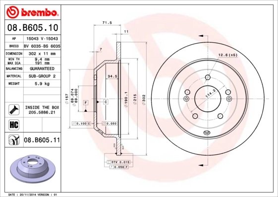 DISC FRANA BREMBO 08.B605.11 - Compatibil cu HYUNDAI, HYUNDAI (BEIJING), INOKOM, KIA, KIA (DYK)