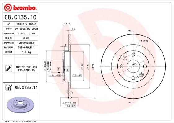 DISC FRANA BREMBO 08.C135.11 - Compatibil cu MAZDA