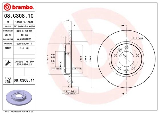 DISC FRANA BREMBO 08.C308.11 - Compatibil cu CITROEN, CITROEN (DF-PSA), DS, OPEL, PEUGEOT, PEUGEOT (DF-PSA), TOYOTA, VAUXHALL