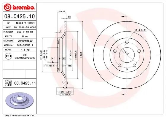 DISC FRANA BREMBO 08.C425.11 - Compatibil cu MAZDA, MAZDA (CHANGAN)