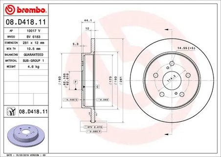 DISC FRANA BREMBO 08.D418.11 - Compatibil cu LEXUS, TOYOTA, TOYOTA (FAW), TOYOTA (GAC)
