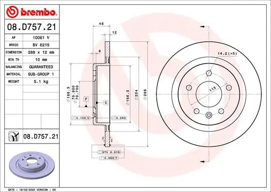 DISC FRANA BREMBO 08.D757.21 - Compatibil cu BUICK (SGM), CADILLAC (SGM), CHEVROLET (SGM), OPEL, VAUXHALL