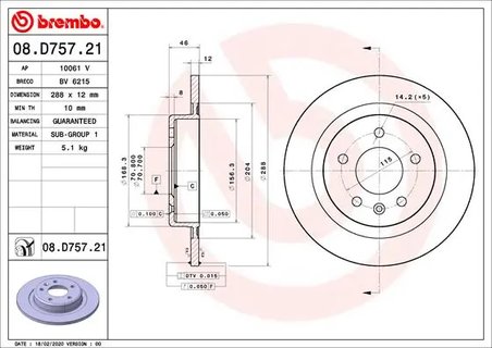 DISC FRANA BREMBO 08.D757.21 - Compatibil cu BUICK (SGM), CADILLAC (SGM), CHEVROLET (SGM), OPEL, VAUXHALL