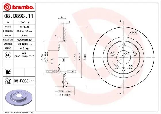 DISC FRANA BREMBO 08.D893.11 - Compatibil cu GEELY, LYNK & CO, VOLVO, VOLVO ASIA