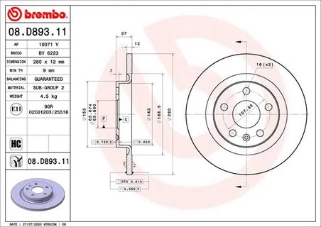 DISC FRANA BREMBO 08.D893.11 - Compatibil cu GEELY, LYNK & CO, VOLVO, VOLVO ASIA