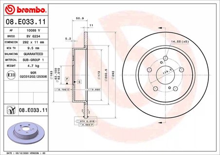 DISC FRANA BREMBO 08.E033.11 - Compatibil cu TOYOTA
