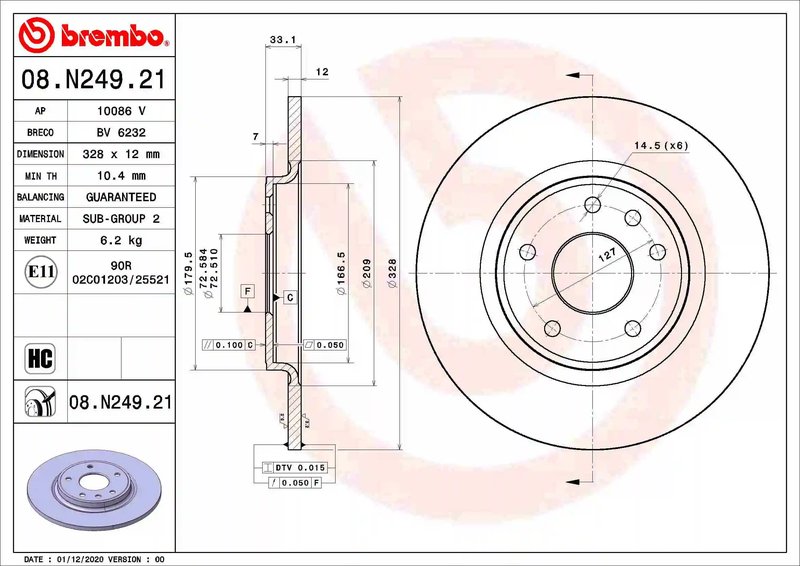 DISC FRANA BREMBO 08.N249.21 - Compatibil cu CHRYSLER, DODGE, FIAT, LANCIA, VW