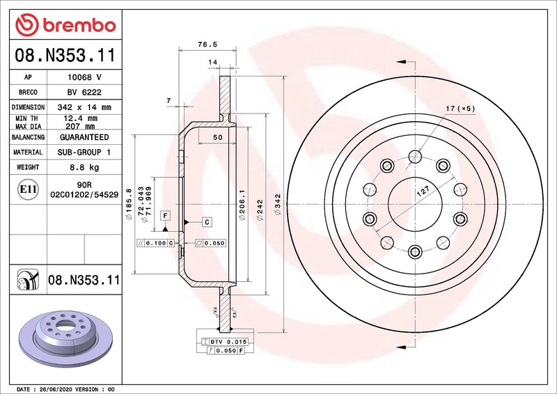 DISC FRANA BREMBO 08.N353.11 - Compatibil cu JEEP