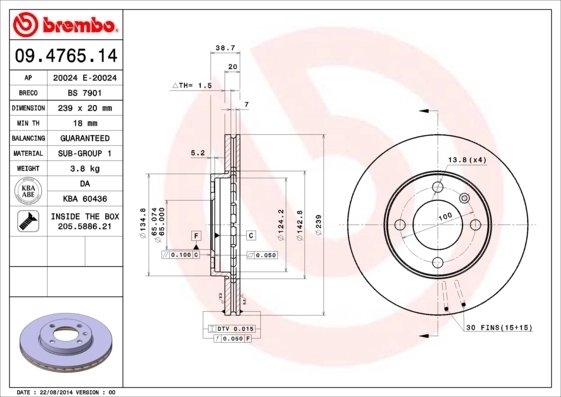 DISC FRANA BREMBO 09.4765.14 - Piesa auto compatibila cu mai multe marci