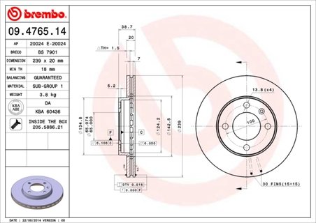DISC FRANA BREMBO 09.4765.14 - Piesa auto compatibila cu mai multe marci