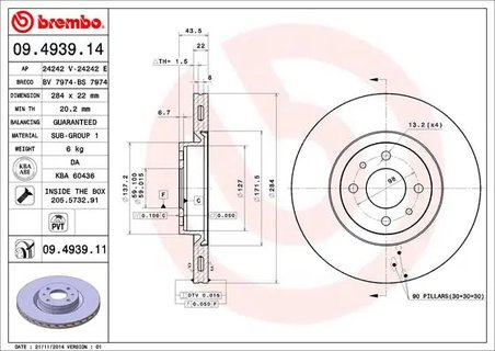 DISC FRANA BREMBO 09.4939.11 - Compatibil cu ABARTH, ALFA ROMEO, CITROEN, FIAT, LANCIA, PEUGEOT