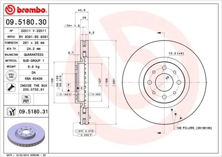 DISC FRANA BREMBO 09.5180.31 - Compatibil cu ABARTH, ALFA ROMEO, CHRYSLER, FIAT, LANCIA