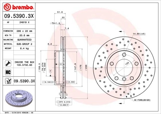 DISC FRANA BREMBO 09.5390.3X - Compatibil cu BMW, BMW (BRILLIANCE), DE LA CHAPELLE