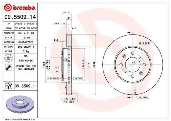 DISC FRANA BREMBO 09.5509.11 - Compatibil cu EUROPESTAR, HONDA, HONDA (DONGFENG), HONDA (GAC), LOTUS, MG, ROVER