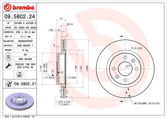DISC FRANA BREMBO 09.5802.21 - Compatibil cu DACIA, LADA, NISSAN, RENAULT