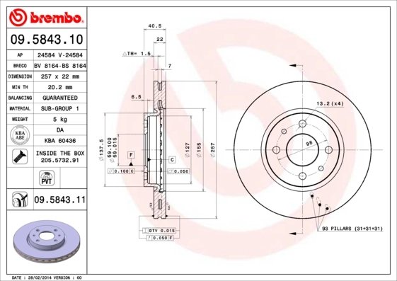 DISC FRANA BREMBO 09.5843.11 - Compatibil cu ALFA ROMEO, CHRYSLER, CITROEN, FIAT, LANCIA, PEUGEOT