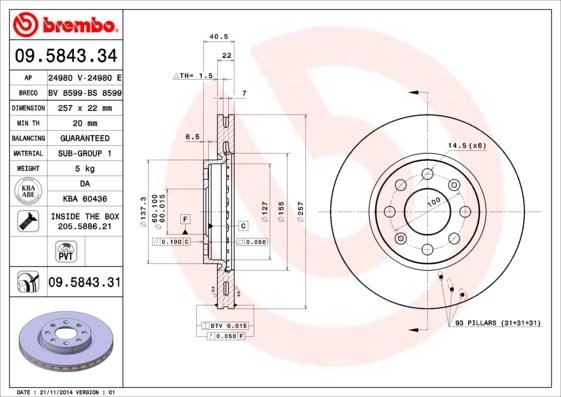 DISC FRANA BREMBO 09.5843.31 - Compatibil cu FIAT, OPEL, VAUXHALL