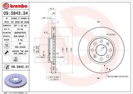 DISC FRANA BREMBO 09.5843.31 - Compatibil cu FIAT, OPEL, VAUXHALL