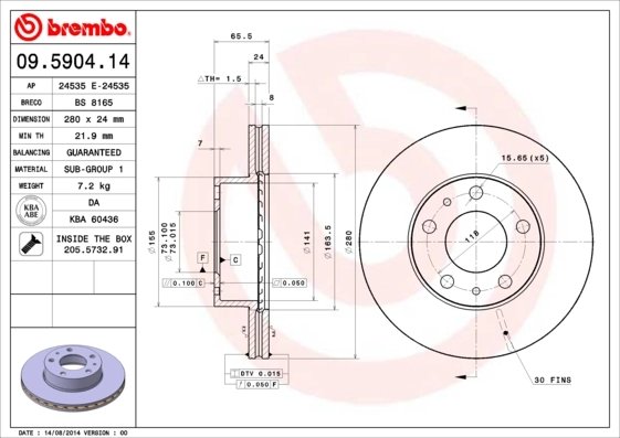 DISC FRANA BREMBO 09.5904.14 - Compatibil cu CITROEN, FIAT, PEUGEOT