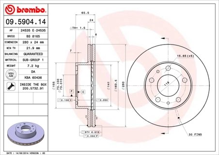 DISC FRANA BREMBO 09.5904.14 - Compatibil cu CITROEN, FIAT, PEUGEOT