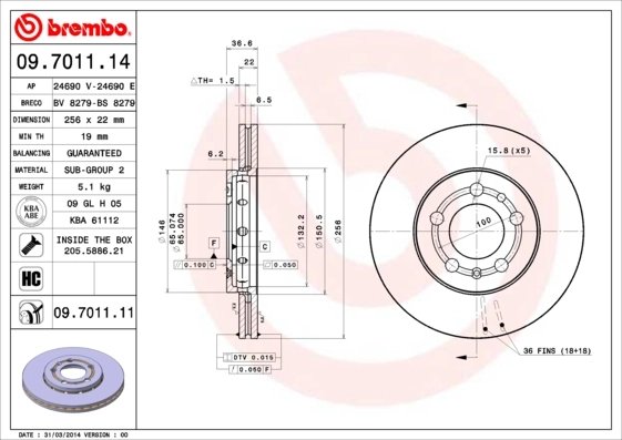 DISC FRANA BREMBO 09.7011.11 - Compatibil cu AUDI, SEAT, SKODA, SKODA (SVW), VW, VW (FAW), VW (SVW), ZHONGHUA (BRILLIANCE)