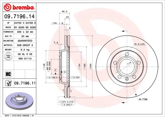 DISC FRANA BREMBO 09.7196.11 - Compatibil cu AUDI, SEAT, VW