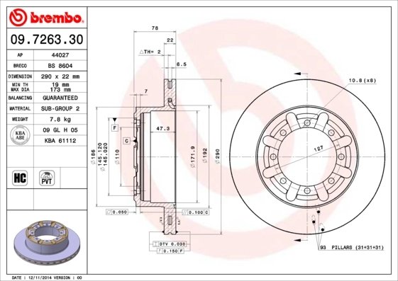 DISC FRANA BREMBO 09.7263.30 - Compatibil cu NISSAN, RENAULT TRUCKS