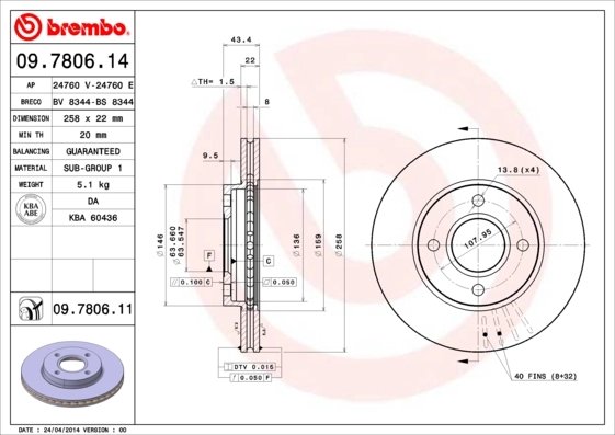 DISC FRANA BREMBO 09.7806.11 - Compatibil cu FORD, FORD AUSTRALIA, MAZDA