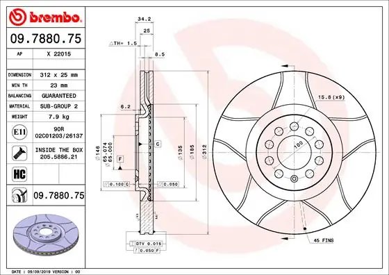 DISC FRANA BREMBO 09.7880.75 - Compatibil cu AUDI, SEAT, SKODA, VW