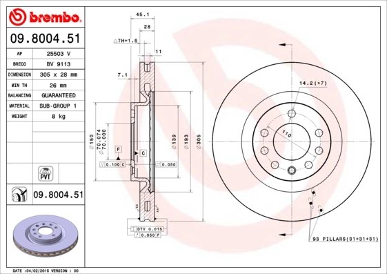 DISC FRANA BREMBO 09.8004.51 - Compatibil cu OPEL, VAUXHALL